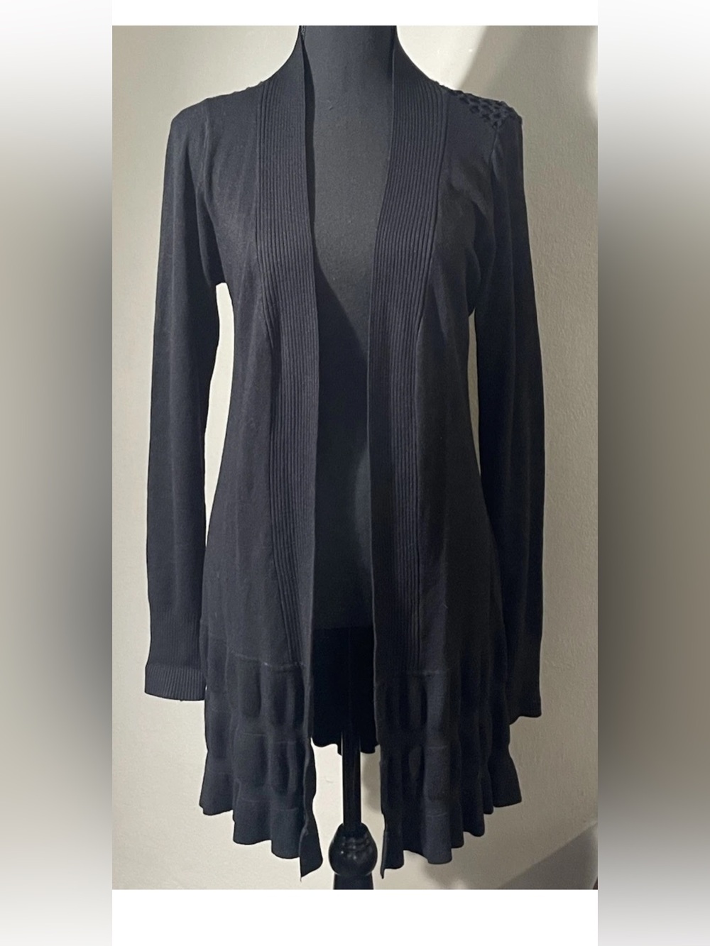 Vila Milano Black Cardigan Sweater Crochet At The Back Ruffle Hem Size M